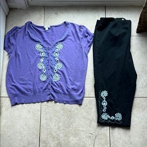 Dressbarn Black Ankle Cropped Pants with Embroidery